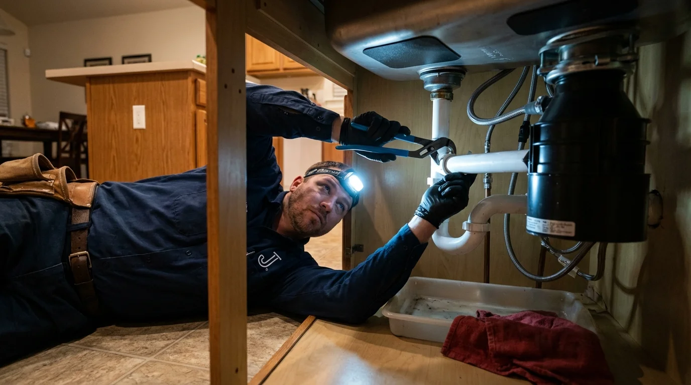 P-trap and supply line connections under a kitchen sink showing a common leak point in Albany, KY